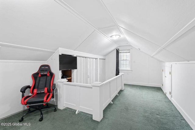 home office with carpet and lofted ceiling