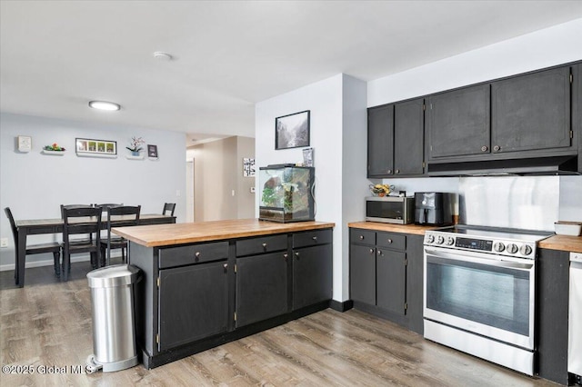 kitchen featuring light wood finished floors, butcher block counters, appliances with stainless steel finishes, a peninsula, and under cabinet range hood