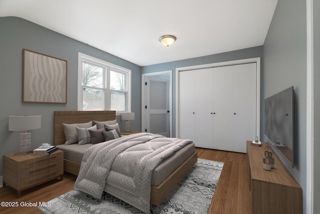 bedroom with lofted ceiling, a closet, and wood finished floors