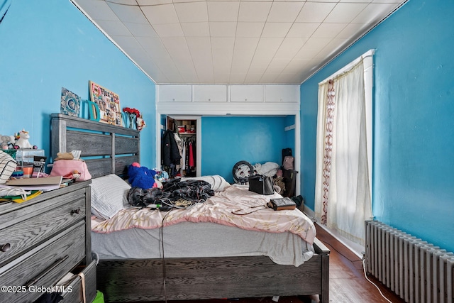 bedroom featuring radiator heating unit and wood finished floors