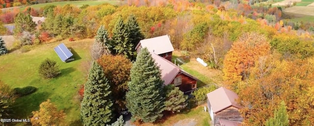 bird's eye view featuring a wooded view