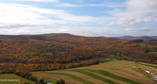 drone / aerial view with view of golf course, a mountain view, and a wooded view