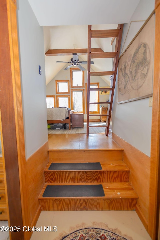 stairway featuring lofted ceiling with beams, a wainscoted wall, and ceiling fan