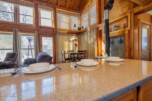 interior space with a towering ceiling, wood walls, and wood ceiling