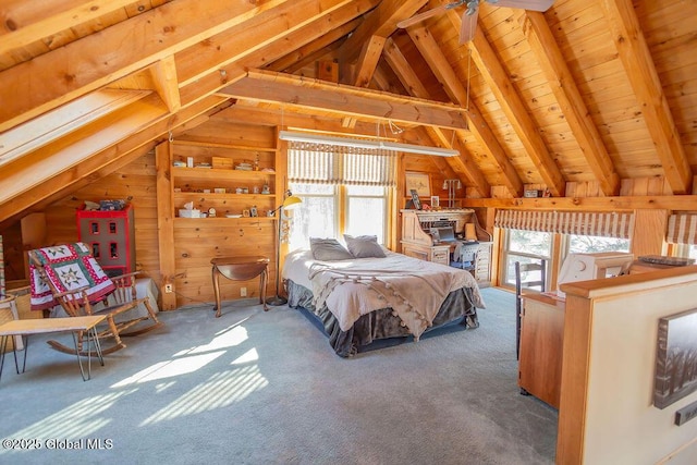 carpeted bedroom with wooden walls, wood ceiling, and lofted ceiling with beams