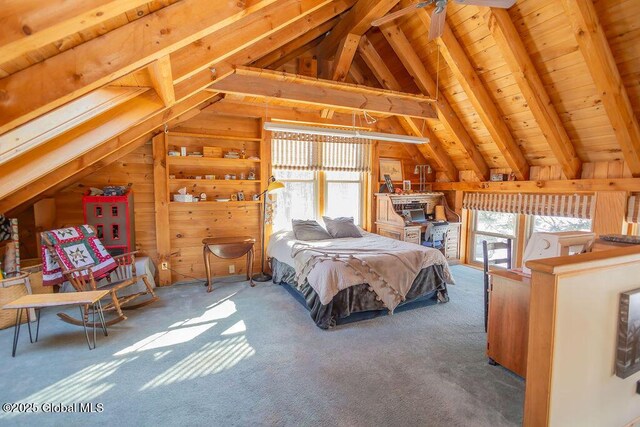 carpeted bedroom with lofted ceiling with beams, wood walls, and wood ceiling