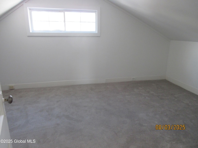 additional living space featuring lofted ceiling, carpet flooring, and baseboards