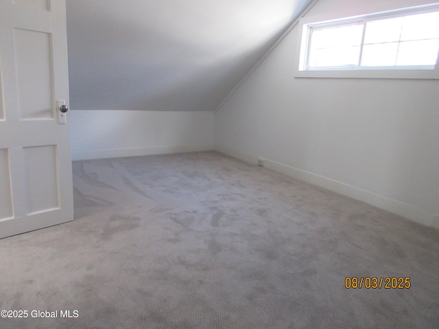 additional living space with carpet, baseboards, and vaulted ceiling