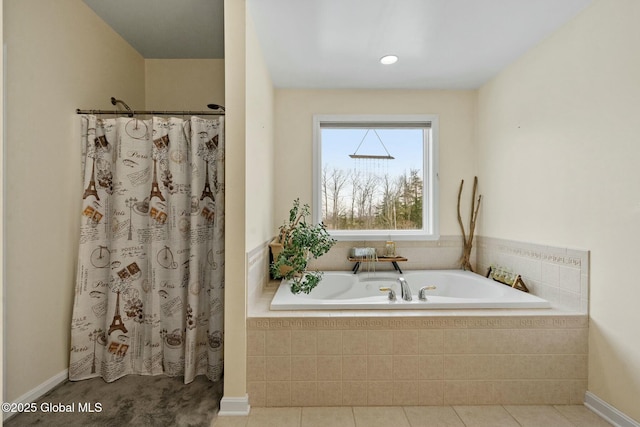 full bathroom featuring a shower with shower curtain, a garden tub, and tile patterned flooring