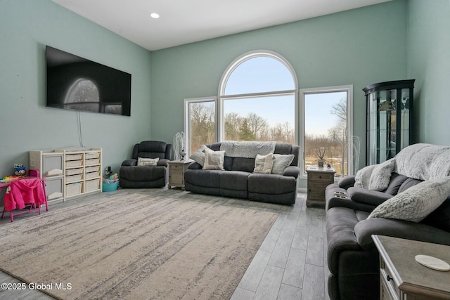 living room with recessed lighting and wood finished floors