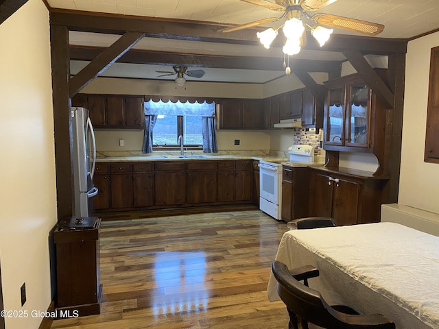 kitchen with under cabinet range hood, wood finished floors, a ceiling fan, freestanding refrigerator, and white electric range oven