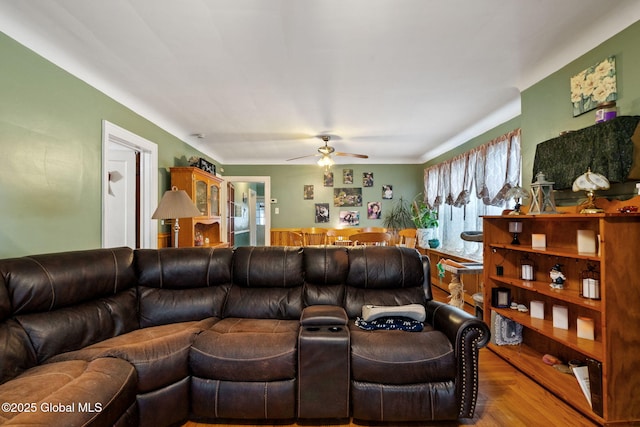 living room featuring a ceiling fan