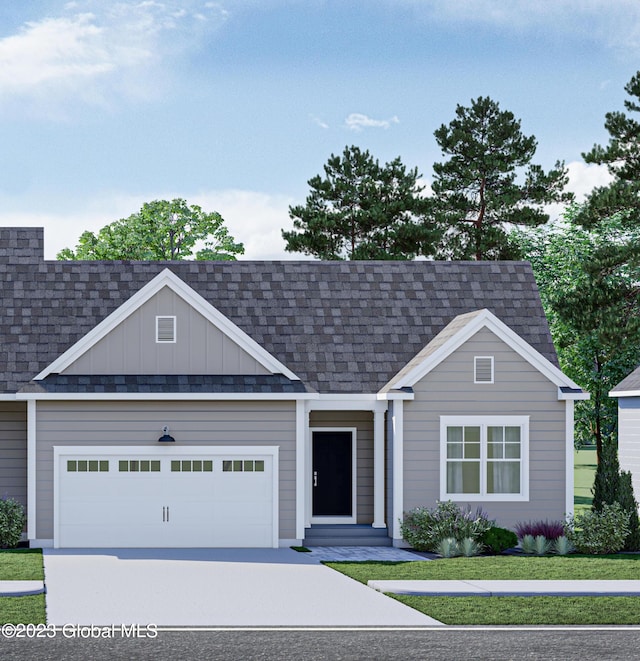 view of front facade with board and batten siding, a shingled roof, concrete driveway, and an attached garage