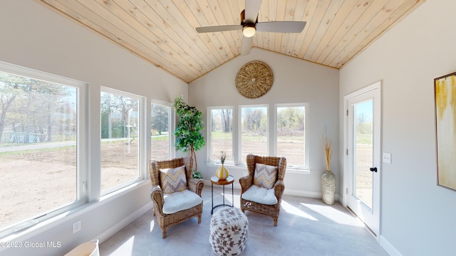 sunroom featuring a healthy amount of sunlight, wooden ceiling, a ceiling fan, and lofted ceiling