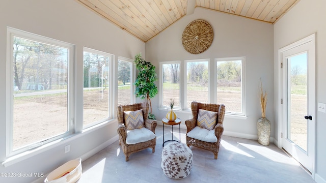 sunroom with lofted ceiling and wooden ceiling