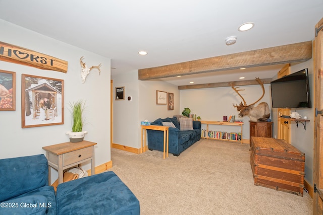 carpeted living room featuring baseboards, beamed ceiling, and recessed lighting