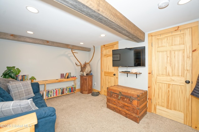 living room with carpet, beam ceiling, and recessed lighting