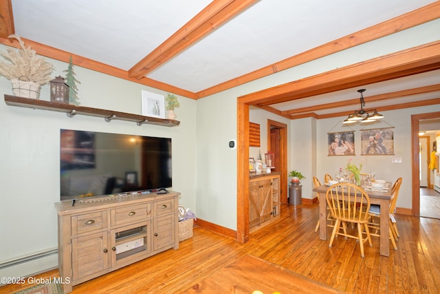 dining space featuring beamed ceiling, baseboard heating, light wood-style flooring, and baseboards