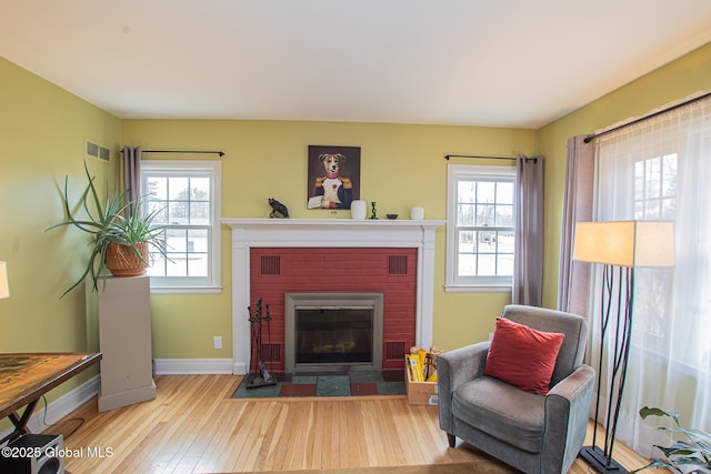 living area featuring baseboards, a healthy amount of sunlight, wood finished floors, and a fireplace