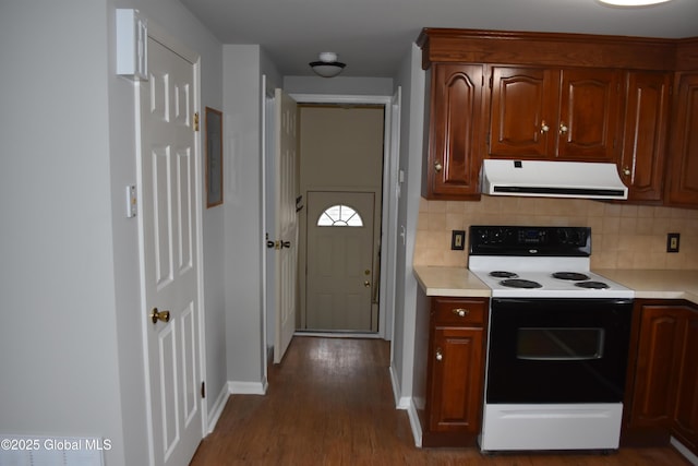 kitchen featuring light countertops, ventilation hood, tasteful backsplash, and range with electric cooktop