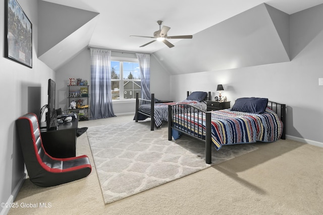 bedroom with vaulted ceiling, carpet, baseboards, and ceiling fan