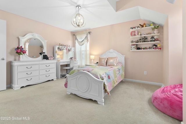 carpeted bedroom with baseboards and a notable chandelier