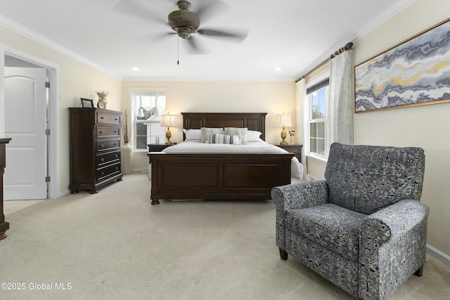 bedroom featuring ceiling fan, light carpet, baseboards, and ornamental molding