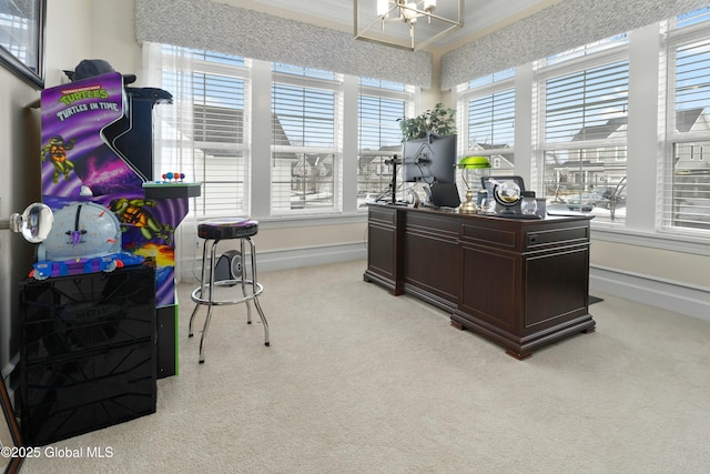 home office featuring light colored carpet and baseboards