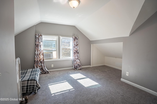 bonus room with lofted ceiling, cooling unit, carpet flooring, and baseboards