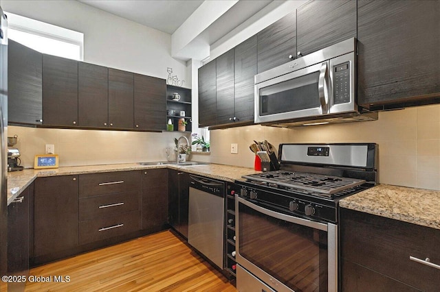 kitchen with stainless steel appliances, light wood-type flooring, a sink, and backsplash