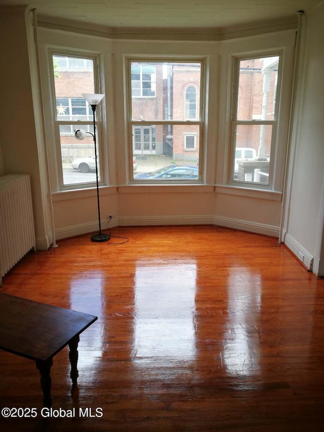 spare room featuring radiator, baseboards, and wood finished floors