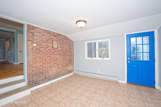 unfurnished room with lofted ceiling, brick wall, light tile patterned floors, baseboards, and baseboard heating