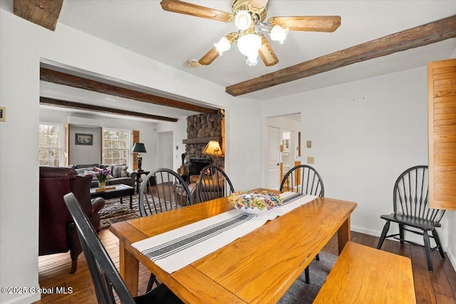 155 Andrews Rd, Carlisle, NY 12160 - dining room featuring beam ceiling, dark wood-style floors, baseboards, and ceiling fan