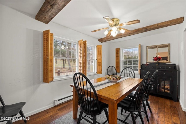 155 Andrews Rd, Carlisle, NY 12160 - dining room with a baseboard radiator, beam ceiling, dark wood-type flooring, and ceiling fan