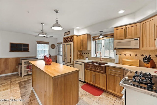 155 Andrews Rd, Carlisle, NY 12160 - kitchen featuring white microwave, a wainscoted wall, butcher block counters, stove, and a sink
