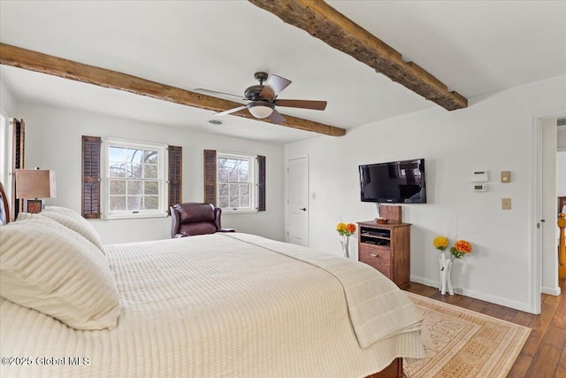 155 Andrews Rd, Carlisle, NY 12160 - bedroom featuring beam ceiling, ceiling fan, baseboards, and hardwood / wood-style floors