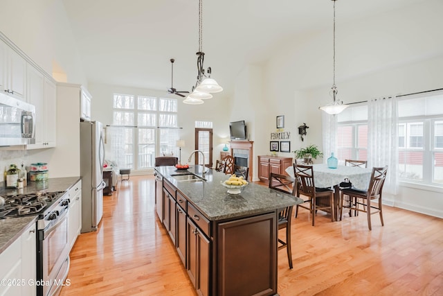 kitchen featuring appliances with stainless steel finishes, light wood-type flooring, a high ceiling, and a sink