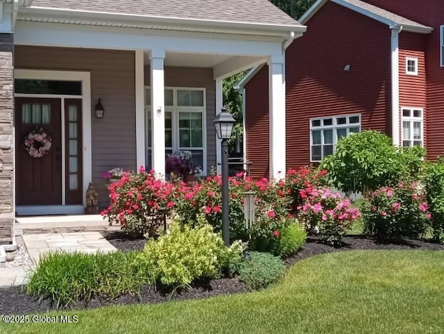 doorway to property with a porch and roof with shingles