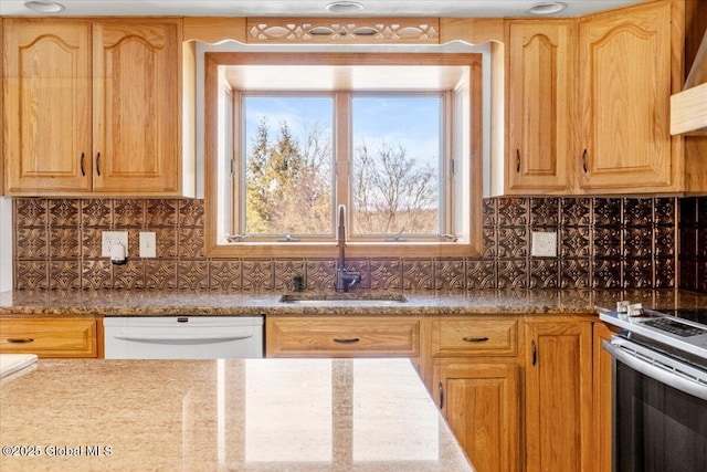 kitchen with dishwasher, electric range, a sink, and tasteful backsplash