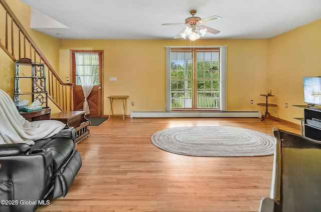 18 Johnson Ln, Poestenkill, NY 12018 - living area featuring baseboard heating, stairs, ceiling fan, and light wood-style flooring