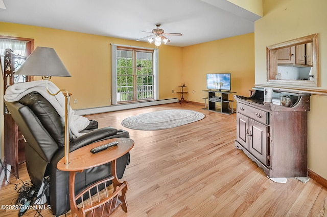 18 Johnson Ln, Poestenkill, NY 12018 - living room featuring a baseboard heating unit, light wood-style floors, and ceiling fan