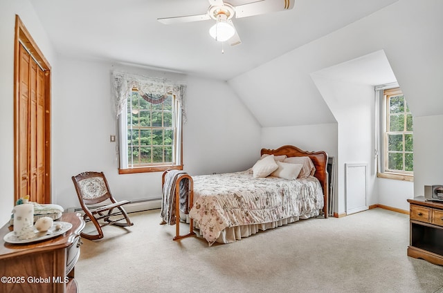 18 Johnson Ln, Poestenkill, NY 12018 - bedroom featuring vaulted ceiling, carpet, ceiling fan, and a baseboard heating unit