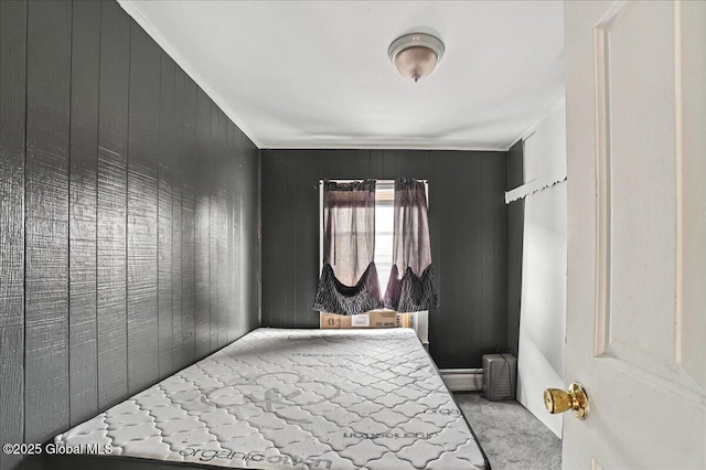 carpeted bedroom featuring wood walls