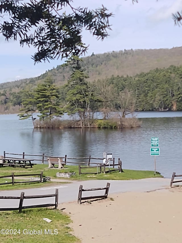 view of home's community with a water view and a wooded view