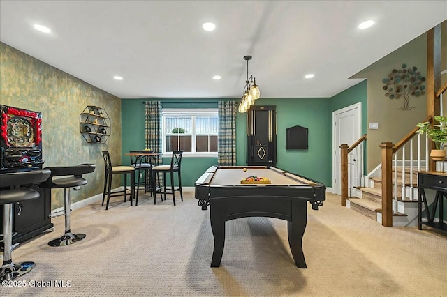 recreation room featuring recessed lighting, baseboards, carpet, and billiards