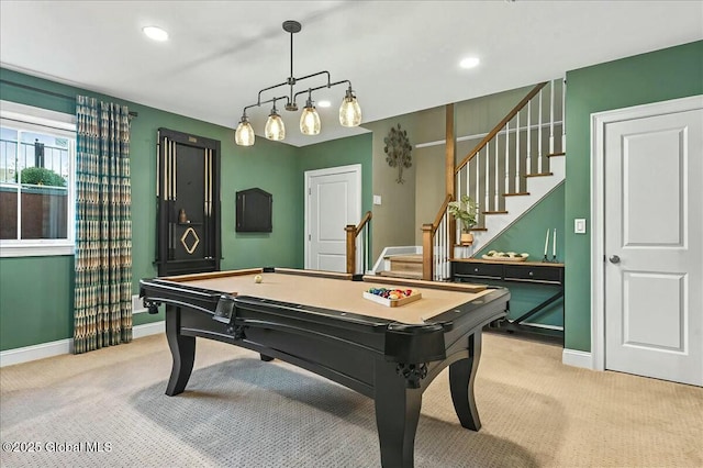 game room featuring recessed lighting, light colored carpet, and baseboards