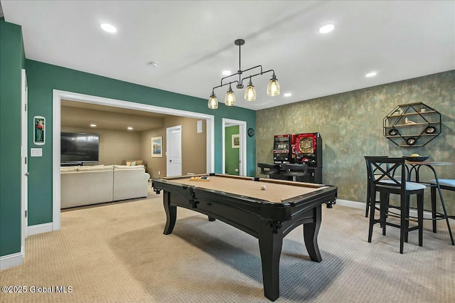 recreation room featuring recessed lighting, baseboards, pool table, and carpet flooring