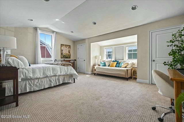 bedroom featuring recessed lighting, baseboards, light colored carpet, and vaulted ceiling