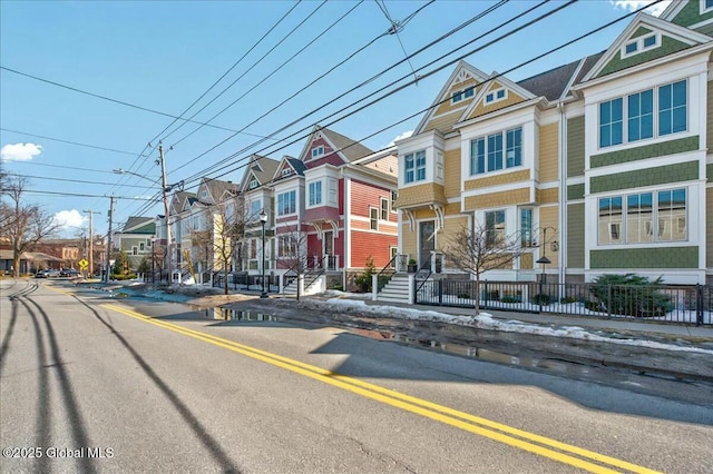 view of front of house featuring a fenced front yard and a residential view