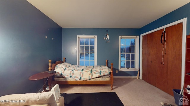 bedroom with carpet floors, baseboards, and a closet